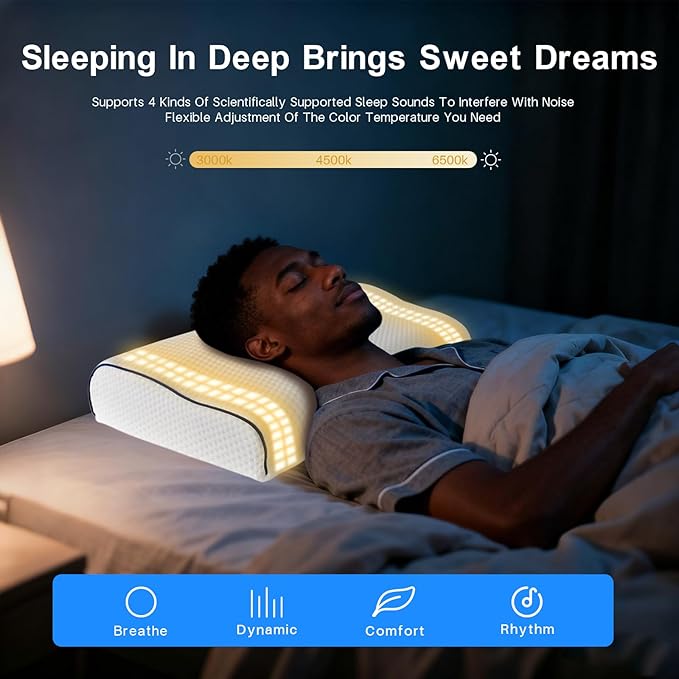 Hopihe Smart Sunrise Alarm Clock Pillow Sound Machine for Sleep with Bluetooth Speaker & Sunset Simulation, Cervical Pillow with White Noise Machine,Wake-Up Light for Sleep Bedroom Home Decor