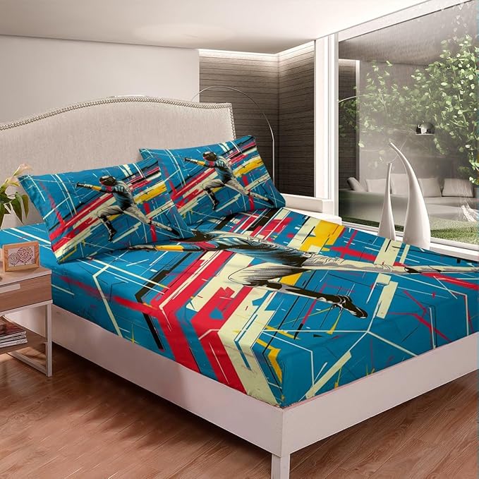 Manfei Fencing Fitted Sheet Twin Size, Sports Theme Bedding Set 2pcs, Fencer Player Sword Fighting Bed Cover with 1 Pillowcase, Kids Boys Teens Adults Room Decor, Soft Bedding(No Top Sheet)