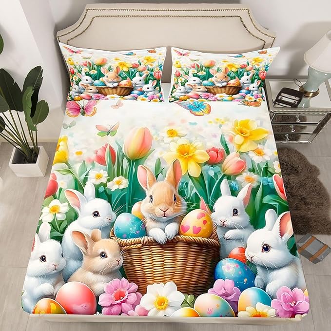 Kawaii Rabbits Fitted Sheet Full Size Spring Easter Bunny Flower Bedding Set for Kids Bedroom Tulip Easter Egg Floral Bed Sheet Set 3pcs Colorful Deep Pocket Mattress Cover,No Top Flat