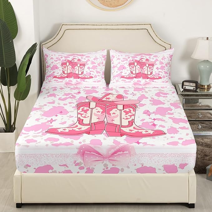 Western Cowgirl Full Size Fitted Sheet,Ethnic Tribal Boots Hat Retro 3 Pieces Kids Teenager Room Decor Princess Lace Pink Bowknot Rustic Cowhide Cow Fur Pocket 2 Pillowcases