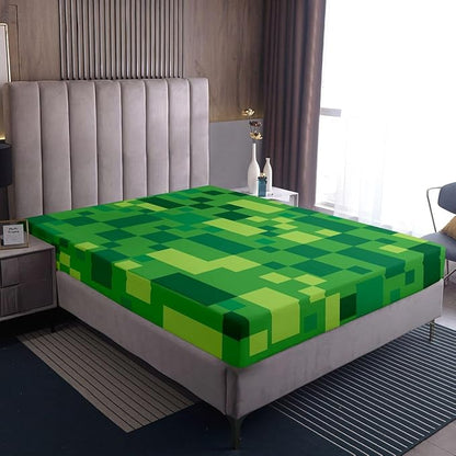 Pixelated Check Kids Full Size Fitted Sheet,Patchwork Grid Video Games Room Decor,Lattice Geometric Abstract Boys Girls Bed Sheets,Green Bedding Set,2 Pillowcases(No Flat)