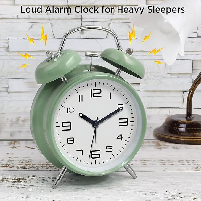 Loud Alarm Clock for Heavy Sleepers Adults, Metal 4 Inches Twin Bell Battery Operated Alarm Clocks for Bedrooms Decoration, Silent Non-Ticking Back-to-School Gift (Mint Green)