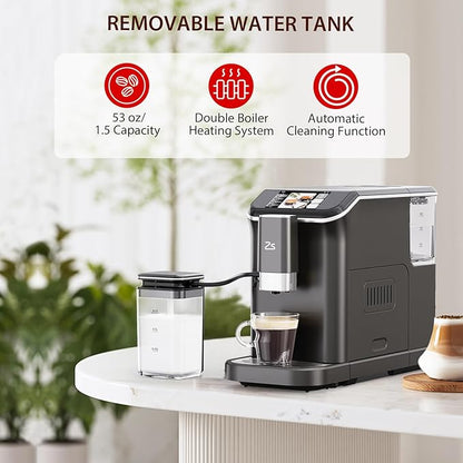 Fully Automatic Espresso Machine with Grinder, 20 Bar Espresso Machine with Automatic Milk Frother, 1-15 Adjustable Grind Size Levels, 1.5L Water Tank, Cappuccino & Latte Machine for Home