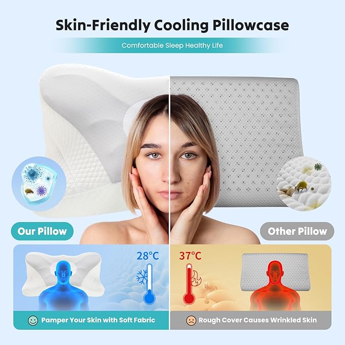 DUMOS Cervical Neck Pillow Set of 2, Cooling Memory Foam Contour Pillow with Arm Rest Slot and Ice Silk Pillowcase, Ergonomic Dual-Height Orthopedic Support for Side, Back, and Stomach Sleepers, Grey