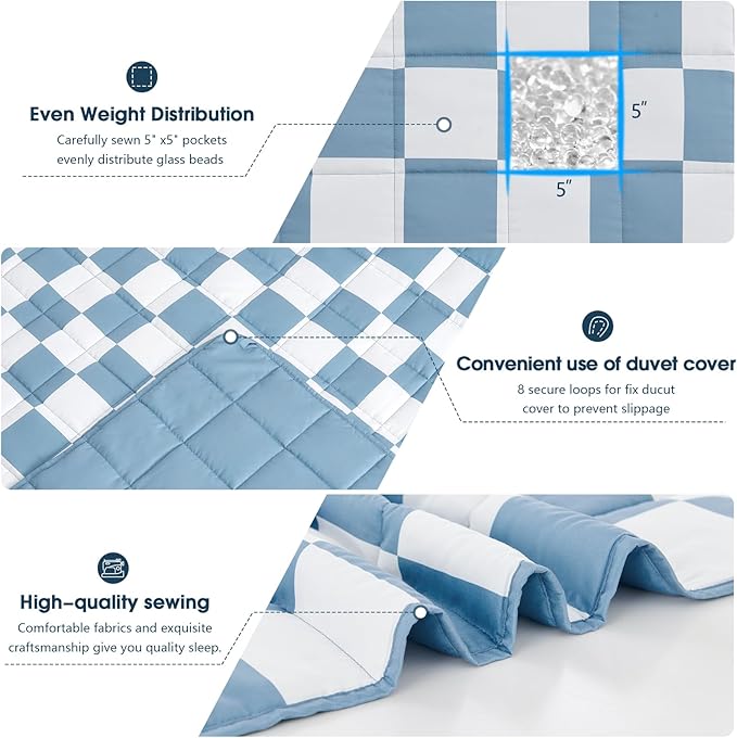 Blue Checkered Weighted Blanket for Adults 20lbs, 88"x104" King Size, Cooling Heavy Blanket for 130-220lbs with Premium Glass Beads, Soft Thick Big Blankets for All-Season Sleeping Comfort Breathable