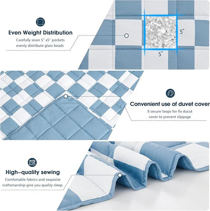 Blue Checkered Weighted Blanket for Adults 20lbs, 88"x104" King Size, Cooling Heavy Blanket for 130-220lbs with Premium Glass Beads, Soft Thick Big Blankets for All-Season Sleeping Comfort Breathable