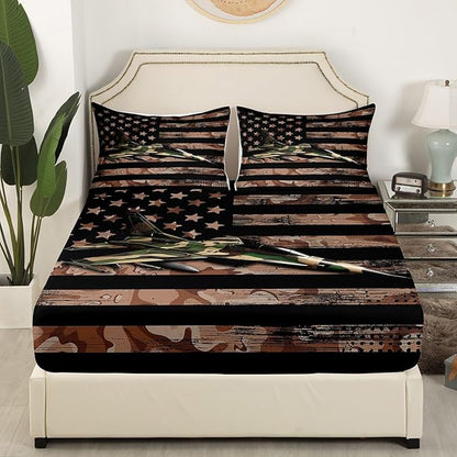 Manfei Airplane Sheet Set King Size, Army Camouflage Aircraft Bedding Set for Kids Boys Adults, Brown Camo American Flag Bed Sheet Set 4pcs with Deep Pocket Fitted Sheet + Flat Sheet + 2 Pillowcases