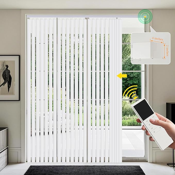 Mortorized Vertical Blinds, Custom Blackout Window Shades, Remote Control Patio Door Vertical Blinds for Sliding Glass Door, Home, Indoor Windows, White