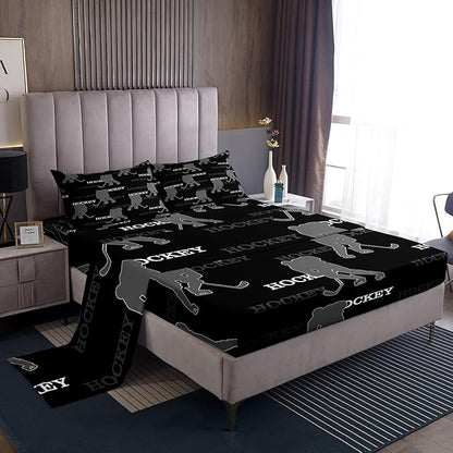 Manfei Ice Hockey Kids Sheet Twin Size, Bedding Set, Winter Sports Modern Boys Girls Room Decor, Black Gray Sheet(Fitted+Flat+1 Pillowcase)