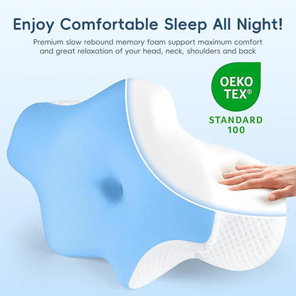 Cervical Neck Pillow for Pain Relief, Ergonomic Contour Pillow for Sleeping, 2 Heights Cooling Pillow for Neck and Shoulder Support, Memory Foam Orthopedic Pillow for Side Back Stomach Sleepers Blue