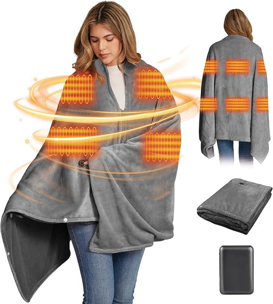 16000mAh Heated Blanket Battery Operated Soft Cordless Heated Blanket Shawl Portable Heated Throw Blanket Poncho Wraps Fast Heating with 3 Heat Levels 6 Heating Zones