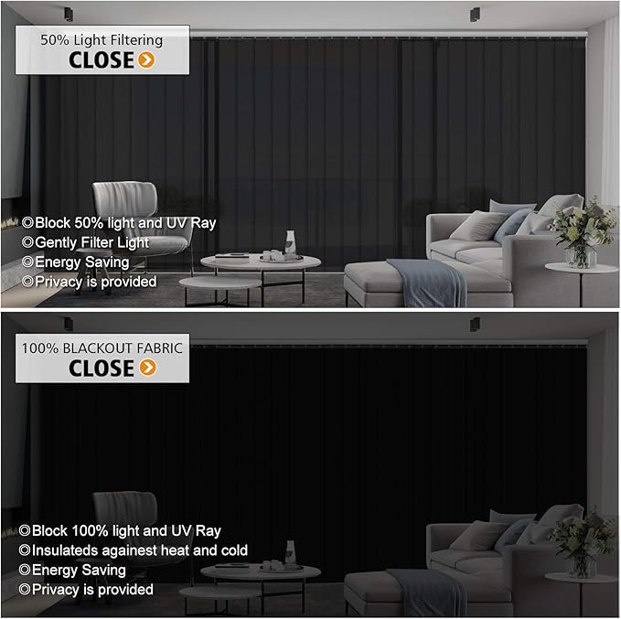 Cordless Vertical Blinds Window Blind, Blackout Fabric Vertical Blind, Energy Saving UV Protection Noise Reduce Vertical Blinds for Sliding Glass Doors, Patio Doors, Pure Black