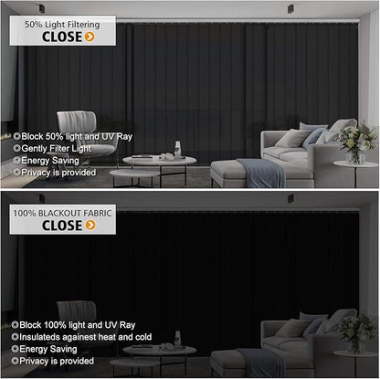 Cordless Vertical Blinds Window Blind, Blackout Fabric Vertical Blind, Energy Saving UV Protection Noise Reduce Vertical Blinds for Sliding Glass Doors, Patio Doors, Pure Black