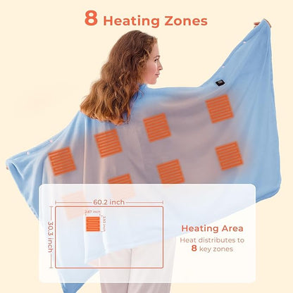 JOLLYVOGUE USB Heated Blanket Throw, Wearable & Portable Heating Electric Blanket for Adults, 3 Levels & 8 Heating Zone Shawl for Indoor & Outdoor, Light Blue (Battery Not Included)