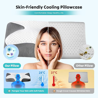 DUMOS Cervical Neck Pillow for Sleeping, Cooling Ergonomic Memory Foam Pillow with Arm Rest Slot and Ice Silk Pillowcase, Dual Height Orthopedic Support Contour for Side, Back, Stomach Sleepers