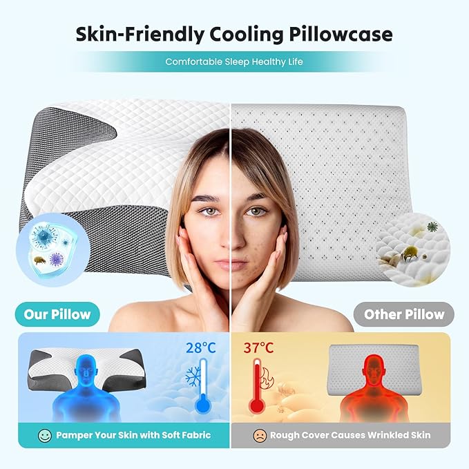 Sweetcrispy Memory Foam Cervical Pillow, 2 in 1 Ergonomic Contour Orthopedic Pillow for Neck Pain, Contour Side Sleeper for Adults, Orthopedic Neck Support for Back Stomach Sleepers, Grey