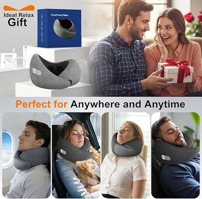 Travel Neck Pillow Airplane 3 in 1 with Heating Massage, Memory Foam Cervical Pillow, 360º Ergonomic Design, Asymmetrical Sides Portable for Airplane Car Office Sleeping Essentials, Breathable Cover