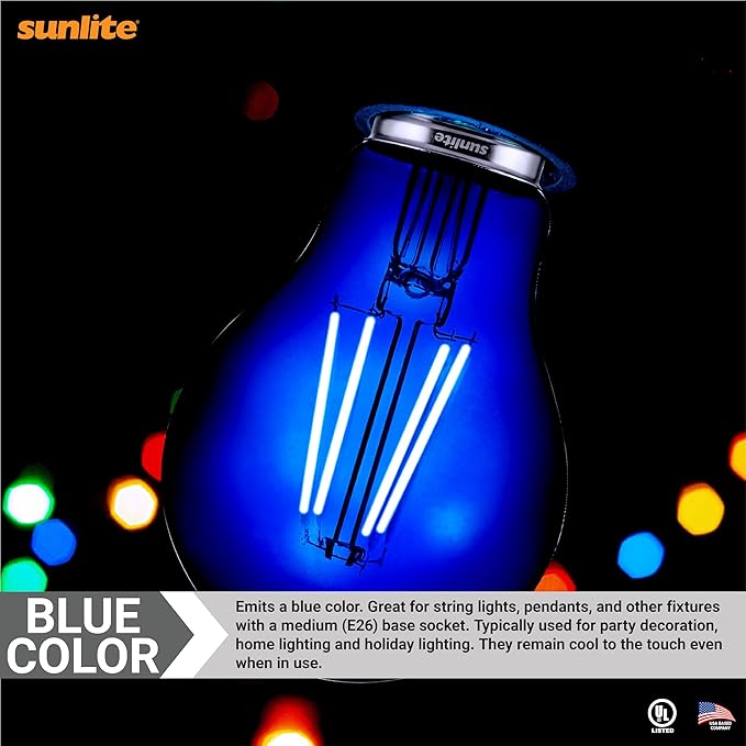 Sunlite 40940 LED Colored Filament A19 Light Bulb, 4.5 Watts, Medium E26 Base, 120 Volts, Transparent Blue, Dimmable, 320 Degree Beam Angle, UL Listed, 6 Count