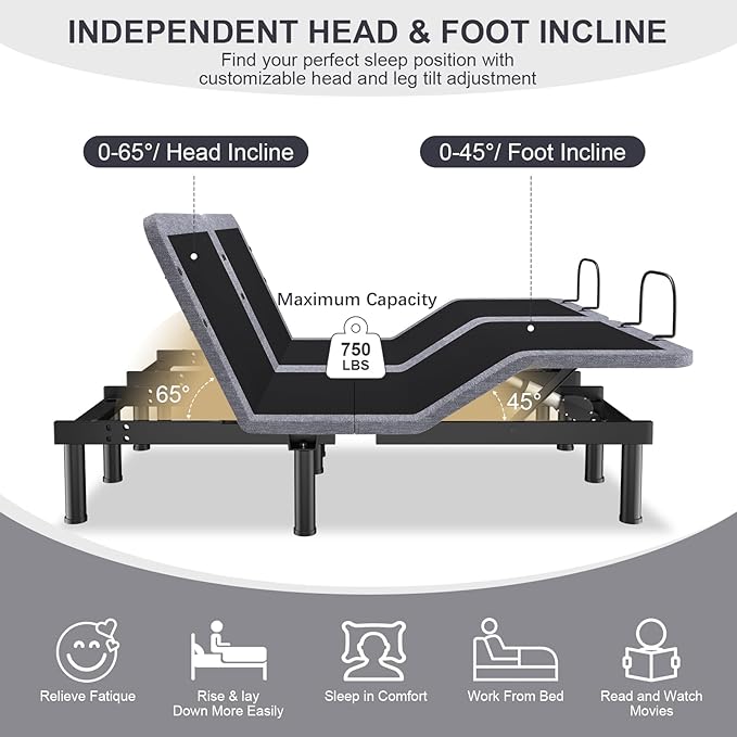 Split King Adjustable Beds with Thickened Frame, Adjustable Bed Frame with with Wireless Remote, Separate Head/Foot Lift, Massage, Zero Gravity,USB Ports, Adjustable Bed Bases with Sturdy Metal