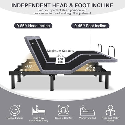 Split King Adjustable Beds with Thickened Frame, Adjustable Bed Frame with with Wireless Remote, Separate Head/Foot Lift, Massage, Zero Gravity,USB Ports, Adjustable Bed Bases with Sturdy Metal