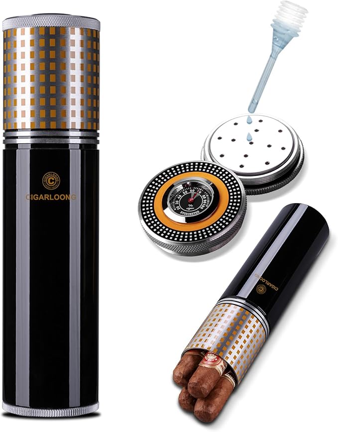 Travel Cigar Humidor Case/Box Stainless Steel Portable Cigar Tube Cigars Jar Humidifiers Air Tight Lid, Smell Proof with Cigar Hygrometer and Humidifier for 3 to 4 Cigars (Black)