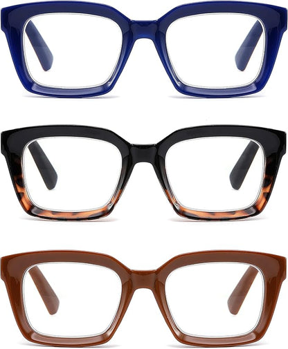 3 Pack Oversize Square Design Reading Glasses for Women, Blue Light Blocking Reader (Black&Blue&Coffee, 1)