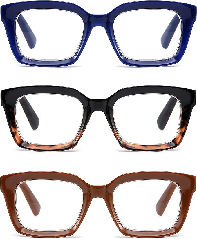 3 Pack Oversize Square Design Reading Glasses for Women, Blue Light Blocking Reader (Black&Blue&Coffee, 2.5)