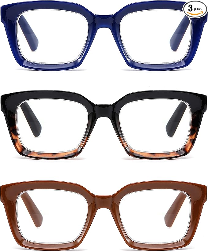3 Pack Oversize Square Design Reading Glasses for Women, Blue Light Blocking Computer Reader (Black&Blue&Coffee, 1.25)
