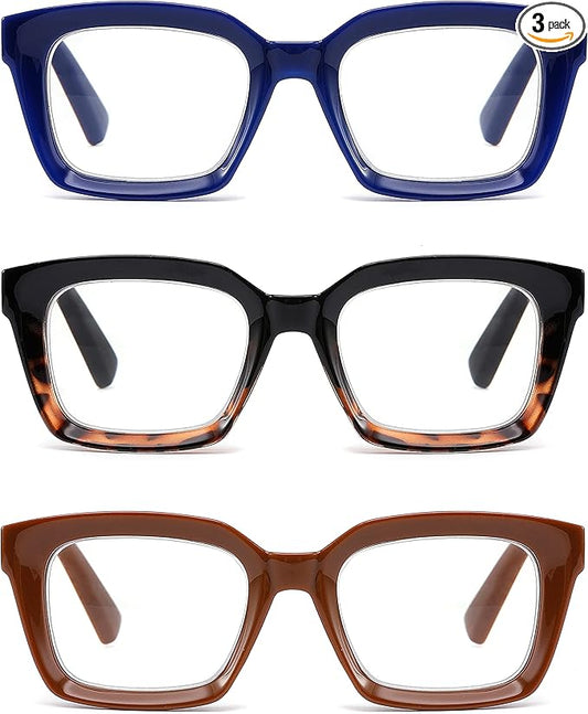 3 Pack Oversize Square Design Reading Glasses for Women, Blue Light Blocking Computer Reader (Black&Blue&Coffee, 1.25)