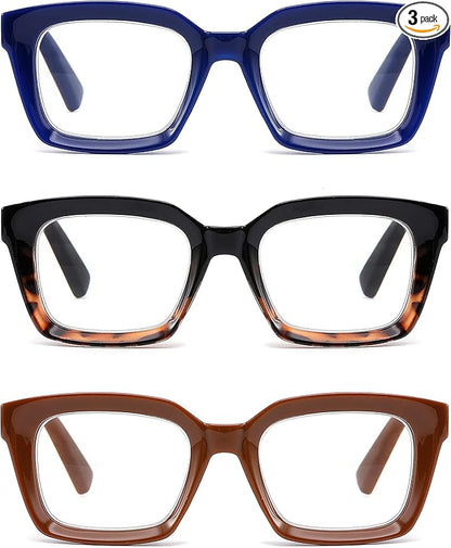 3 Pack Oversize Square Design Reading Glasses for Women, Blue Light Blocking Reader (Black&Blue&Coffee, 3.0)