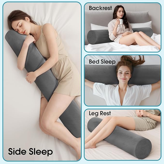 Memory Foam Body Pillow for Bed, Long & Big Full Body Pillows for Adults, Multifunctional Bolster Pillows with Removable & Washable Velvet Cover, Cylindrical Side Pillow (47.24"*7.9")