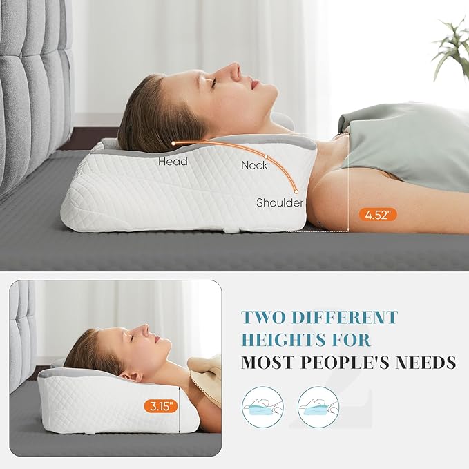 Sweetcrispy Cervical Pillow for Neck and Shoulder - 2 Pack Ergonomic Memory Foam Pillows, Contour Side Sleeper for Adults, Cooling Orthopedic Neck Support for Back Stomach Sleepers,Grey