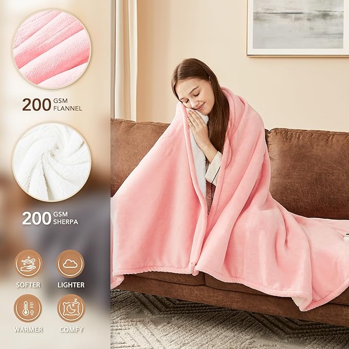Homemate Electric Heated Blanket Full - 72"x84" Heating Blanket Full Size 1/2/4/6/8 Hours Auto-Off 10 Heat Level Over-Heat Protection Flannel Sherpa Big ETL Certification