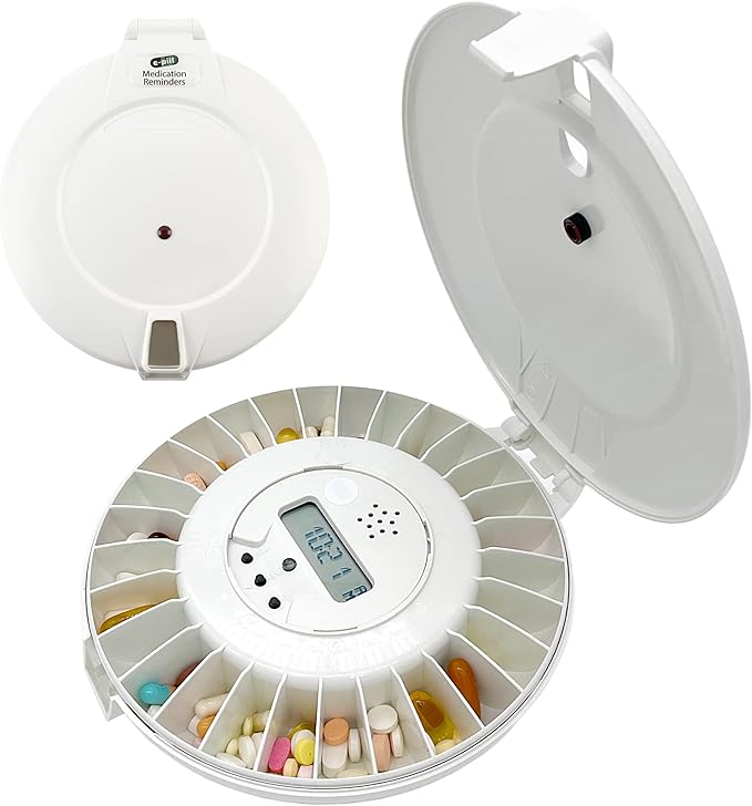 e-Pill MedTime Locked Automatic Pill Dispenser – Secure, Easy-to-Use Medication Organizer with 24 Daily Alarms – Ideal for Seniors, Dementia, and Alzheimer’s Care – White Lid