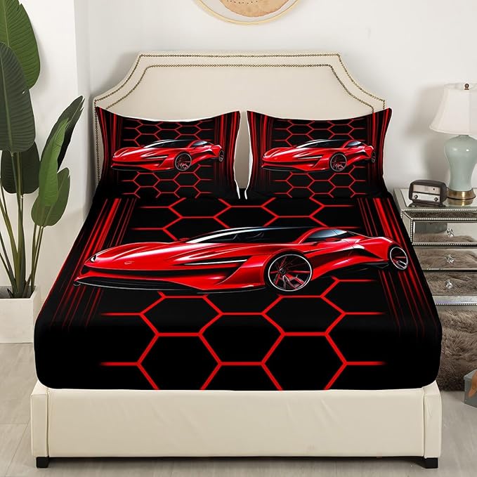 Red Sports Car Bedding Set Twin Size Neon Lines Honeycomb Geometric Bed Set for Teens Bedroom Decor Kids Sheet Microfiber Racing Car Bed Cover(1 Fitted Sheet+1 Pillow Case)