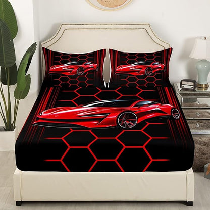 Red Sports Car Bedding Set Twin Size Neon Lines Honeycomb Geometric Bed Set for Teens Bedroom Decor Kids Sheet Microfiber Racing Car Bed Cover(1 Fitted Sheet+1 Pillow Case)