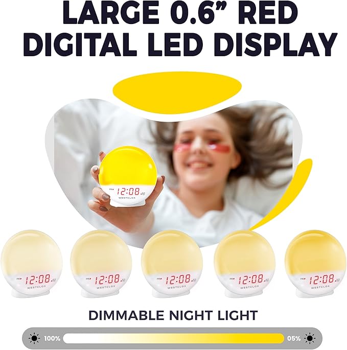 Westclox 71051 Sunrise Alarm Clock with Dimmable Nightlight & Restful Sunset/ Sunlight Simulator lamp for Bedroom