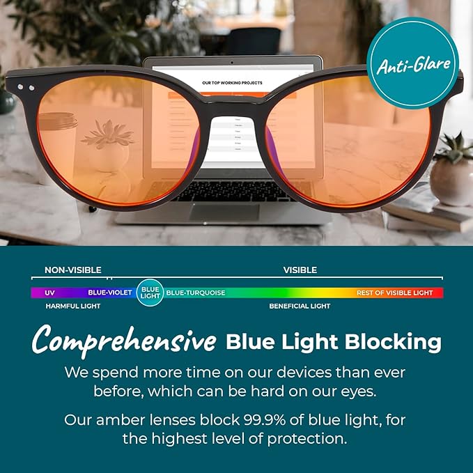 100% Blue Light Blocking Glasses - Better Sleep Anti Eye Strain Protection - Computer Gaming Women Men