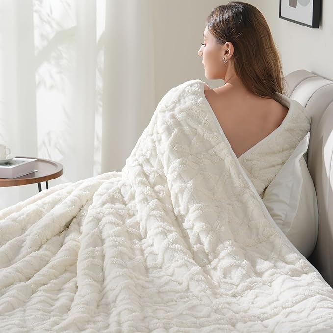 Drewin Weighted Blanket for Adults Queen Size 12 lbs, Soft Fuzzy Jacquard Sherpa Weighted Blankets for Sleeping, Cozy Sofa Bed Blanket for Winter, Cream White, 60 x 80 inches