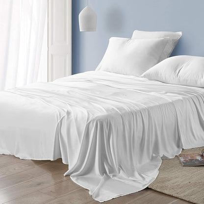 YnM Bed Sheet Set with 100 Percent Cotton, 400TC Fabric with 2 Pillowcases and Flat Sheet, Deep Pocket Fit 19'', Silky-Soft & Sweat Wicking, 4 Piece (Ca King, White)