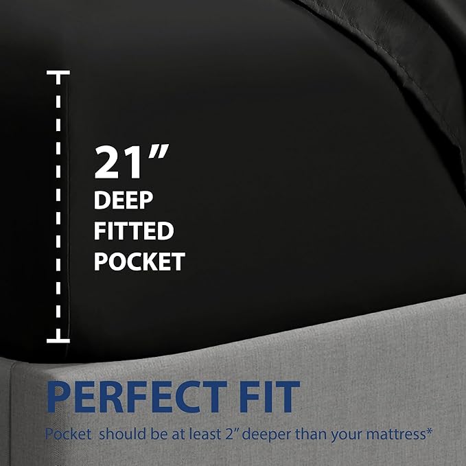 Cathay Home Twin XL Fitted Sheet - Double Brushed Ultra Soft – Wrinkle & Fade Resistant - 16" Deep Pocket Fitted Sheet Only - Good Fit for 14"-18" Deep Mattress (Twin XL, Black)