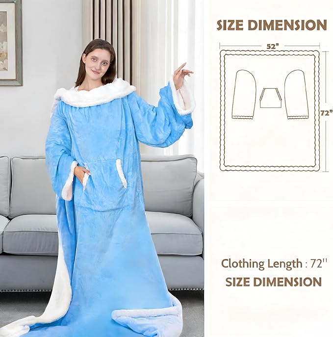Wearable Heated Blanket with Foot Pocket, 52"x72" Electric Blanket with Sleeves for 12 Hours Timer, 6 Heat Settings, Flannel & Sherpa, Blue