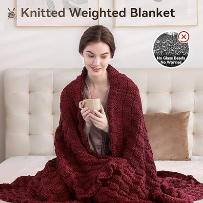Knitted Weighted Blanket for Adult, No Beads Heavy Blanket 48” x 72'' 10lbs, Breathable Chunky Knit Blanket, Cooling Weighted Blanket for Hot Sleepers, Christmas Home Decor (Red)