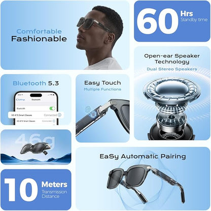 Smart Glasses,Polarized Sunglasses Built-in Mic & Bluetooth Speaker, Wireless Audio Smart Glasses for Men and Women, Athletic/Outdoor UV Protection,Touch Control, Voice Assistant (Black)