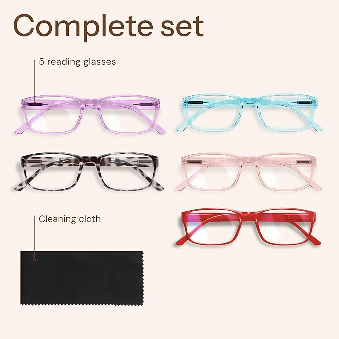 Gaoye Reading Glasses Blue Light Blocking, Spring Hinge Readers for Women Anti Glare Filter Lightweight Eyeglasses (5-Pack Mix Color 2, 1.0)