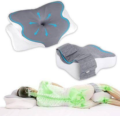 2-in-1 Side Sleeper Pillow for Adults Set–Ergonomic Contour Cervical Neck Pillow Memory Foam +Leg/Knee Pillow for Side Sleepers,Sciatica&Neck Pain Relief,Cooling Ice-Silk Removable Covers