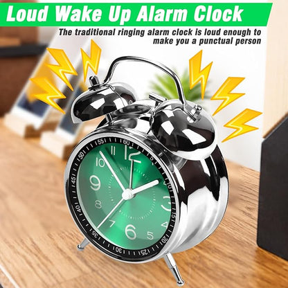 Super Loud Alarm Clock for Heavy Sleepers Adults,Twin Bell Retro 4 Inch Silent Non-Ticking Quartz with Backlight, Metal dial, Alarm Clocks for Bedrooms Bedside (Green)