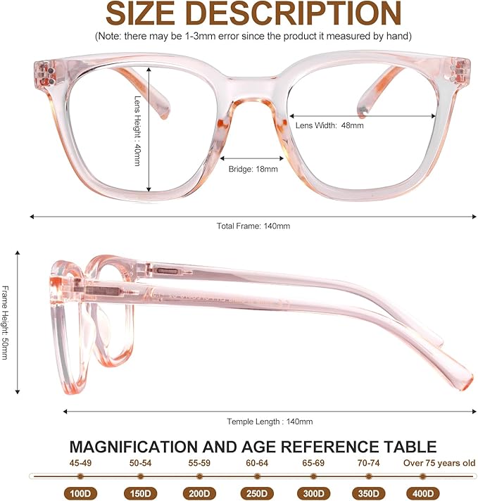 Reading Glasses for Men Women Blue Light Blocking with Spring Hinge, Blocking Readers Anti UV Ray Filter Eyeglasses, Square Computer Reader Glasses, Pink, +0.0