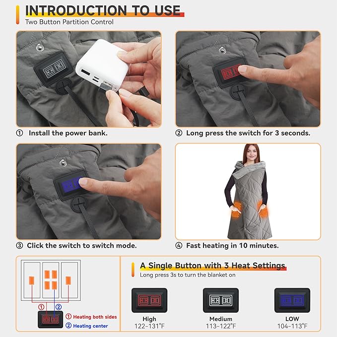 Outdoor Heated Blanket with 10000mAh Power Bank, Battery Operated Cordless Electric Heating Throw with 3 Heat Settings, Fast Heating Wearable USB Throw for Camping, Travel, Office & Home Use-Gray