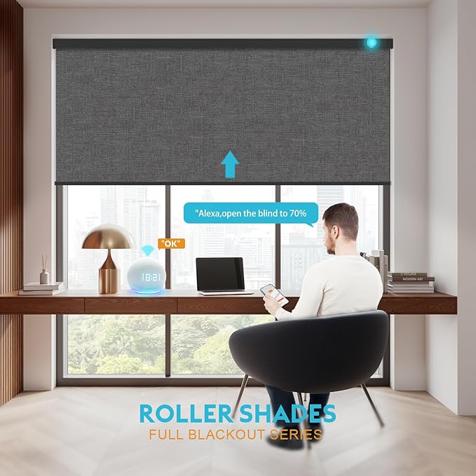 Motorized Blinds with Remote, Smart Blind Roller Shades Compatible with Alexa, Durable Rechargeable Battery Solar Power Electric Window Blinds Customized Size (3-Layer Dark Grey)